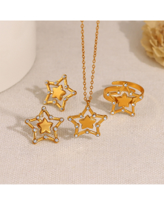 Minimalism Hollow Geometric Five-pointed Star Necklace Earrings Ring Wholesale Stainless Steel Zircon Star Jewelry Sets