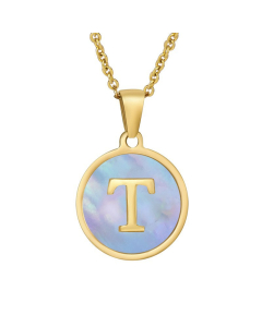 T Hotsale Initial Letter With Blue Shell And Round Tag Necklace CA7810213