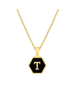T Initial Letter Hexagon Shape Charms Inlaid Black Shell Necklace CA7810219