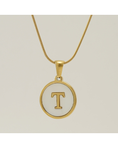 T Initial Letter Snake Chain Necklace With White Shell Round Charms CA7810223