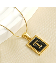 T Initial Name Stainless Steel Necklace With Square Black Shell Tag CA7810221
