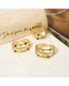 Wholesale Opening Adjustable Ring Elegant French Style Retro Flower Three Laps Stacked Stainless Steel Ring