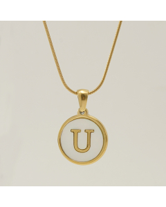 U Initial Letter Snake Chain Necklace With White Shell Round Charms CA7810223