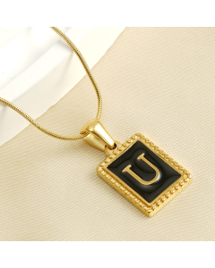 U Initial Name Stainless Steel Necklace With Square Black Shell Tag CA7810221