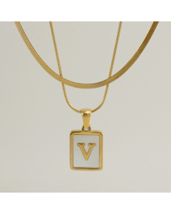 V Double Layer Initial Letter Necklace Inlaid White Shell Pendant Necklace CA7810210