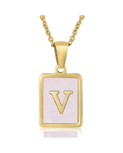 V Gold Plated Necklace Inlaid Pink Shell And Initial Letter Necklace CA7810195