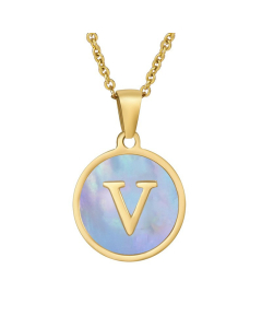 V Hotsale Initial Letter With Blue Shell And Round Tag Necklace CA7810213