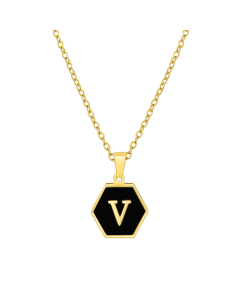 V Initial Letter Hexagon Shape Charms Inlaid Black Shell Necklace CA7810219