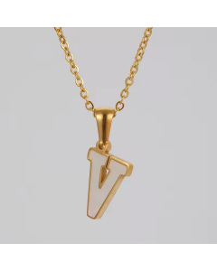 V Initial Letter Inlaid White Shell Stainless Steel Necklace CA7810228