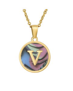 V Initial Letter Round Disc Necklace Inlaid Colorful Shell CA7810204