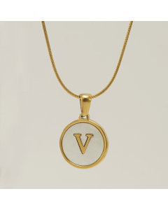 V Initial Letter Snake Chain Necklace With White Shell Round Charms CA7810223