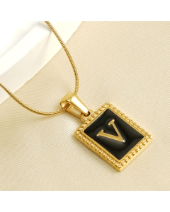 V Initial Name Stainless Steel Necklace With Square Black Shell Tag CA7810221