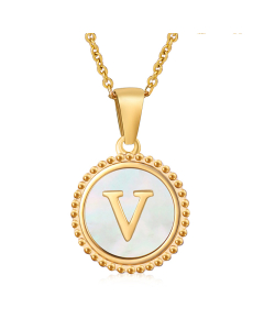V Round Disc Initial Letter Necklace Inlaid White Shell CA7810202