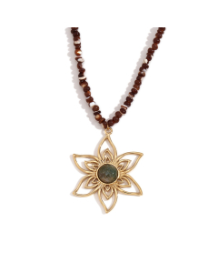 Vintage Plated 18K Gold Petal Pendant Handmade Natural Stone Stainless Steel Necklace 