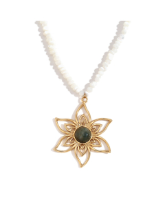 Fashion Plated 18K Gold Petal Pendant Handmade Natural Stone Stainless Steel Necklace 