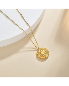 Round Pendant With an Embossed Star Linked on Stainless Steel Necklace CA7810023