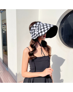 Visor Hat-Sun Protection-Summer-Beach-Vacation-Reversible-Two Sides-Casual Style-Outer Black Inner checkerboard-HC680709-2