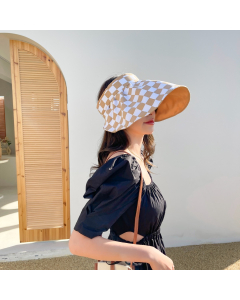 Visor Hat-Sun Protection-Summer-Beach-Vacation-Reversible-Two Sides-Casual Style-Outer Khaki Inner Khaki Checkerboard-HC680709-6