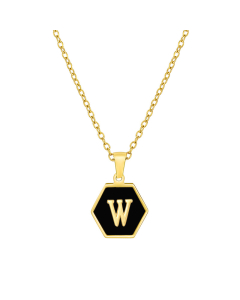 W Initial Letter Hexagon Shape Charms Inlaid Black Shell Necklace CA7810219