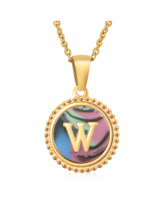 W Initial Letter Round Disc Necklace Inlaid Colorful Shell CA7810205