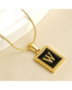 W Initial Name Stainless Steel Necklace With Square Black Shell Tag CA7810221