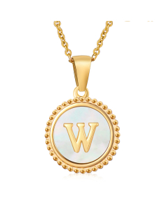 W Round Disc Initial Letter Necklace Inlaid White Shell CA7810202