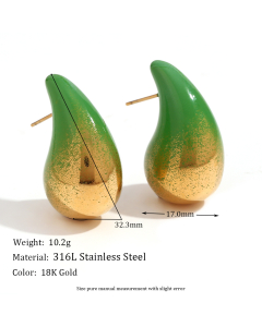 Wholesale Earring Niche Popular Plated 18K Gold Painting Water Drop Stainless Steel Earrings Female-Gold Color-Green