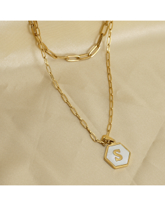 Wholesale Hexagon White Shell Charms With Double Layer Paperclip Chain Necklace CA7810226