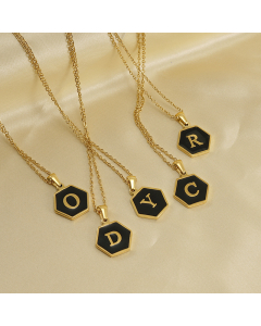 Wholesale Initial Letter Hexagon Shape Charms Inlaid Black Shell Necklace CA7810219