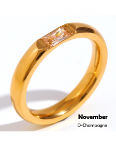 November INS Style Minimalism Plated 18K Gold Stainless Steel Rectangular Zircon Birthstone Ring 