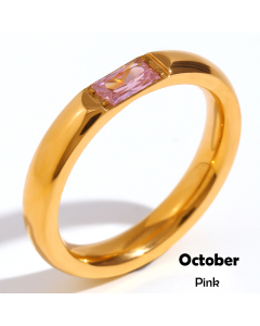 October INS Style Minimalism Plated 18K Gold Stainless Steel Rectangular Zircon Birthstone Ring 