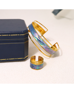 Wholesale Stainless Steel Jewelry Color Light Wide-rimmed Bracelet 18K Gold-plated Shell Inlaid Opening Ring Set