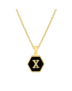 X Initial Letter Hexagon Shape Charms Inlaid Black Shell Necklace CA7810219