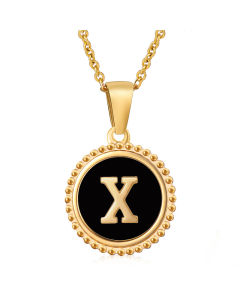X Round Disc Initial Letter Necklace Inlaid Black Shell CA7810203