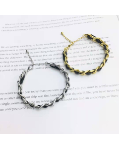 PU And Stainless Steel Chain Interweaved Bracelet For Women Minimalism Gold Color Chain