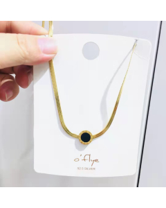 Necklace Roman Numeral Black Round Pendant With Flat Snake Stainless Steel Chain In Gold Plated For Women's Girls