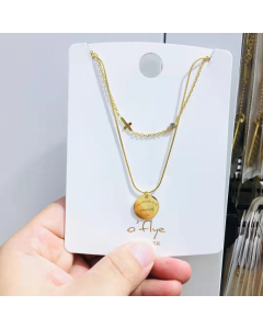 Round Coin Pendant With Tiny Cross Layered Chain Necklace And Stainless Steel Jewelry In Gold Plated