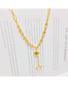Necklace U Shape Link Chain With Heart Pendant and Large Star Drop 316L stainless steel Golden Color For Women Girls Gifts
