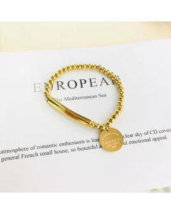 Gold Plated Ball Spacer Beads Bracelet With Round Fantastic Tag Charm Stretchable Elastic Bracelet For Women