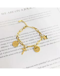 Lucky Charm Coin Star Clock Bracelet For Women Girls Wife Gold plated 316L Stainless Steel Durable Paperclip Chain