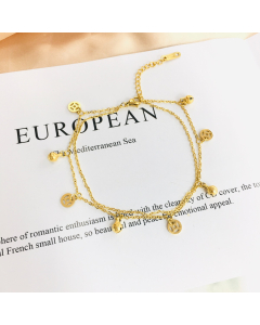 Bracelet Gold Plate Double Chains Fine 316L Stainless Steel Chinese Dollar Lucky With Bell