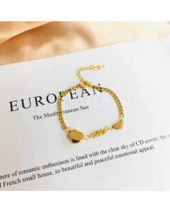 Trending 316L Steel Heart Golden Plated Bracelet With Two Hearts Charm For Women Girls Flat Chain