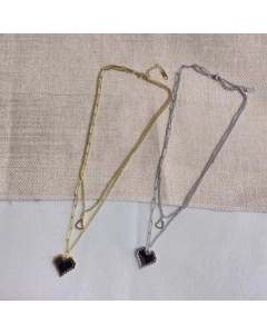 Double Layer Necklace With Heart Drop For Women Dainty 316L Stainless Steel Necklace Paperclip and Side Chain Connected Steel Color