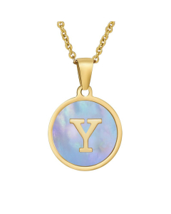 Y Hotsale Initial Letter With Blue Shell And Round Tag Necklace CA7810213