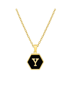 Y Initial Letter Hexagon Shape Charms Inlaid Black Shell Necklace CA7810219