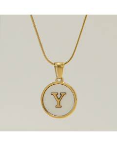Y Initial Letter Snake Chain Necklace With White Shell Round Charms CA7810223