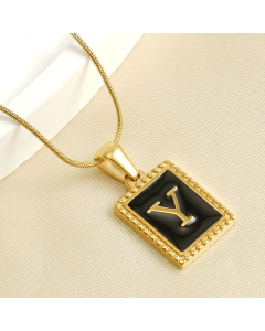 Y Initial Name Stainless Steel Necklace With Square Black Shell Tag CA7810221