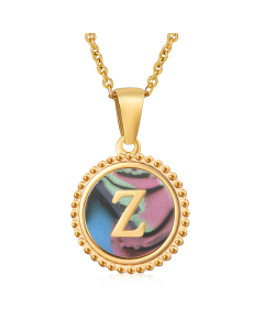 Z Initial Letter Round Disc Necklace Inlaid Colorful Shell CA7810205