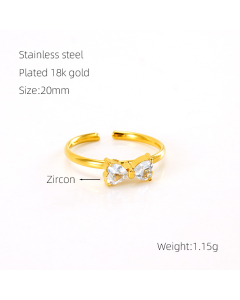 Sweet Elegant Zircon Inlaid Bowknot Ring Opening Adjustable Stainless Steel Ring