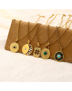 Wholesale French Style Vintage Zircon Inlaid Geometric Clavicle Chain Enamel 18k Gold Plated Stainless Steel Neckalce